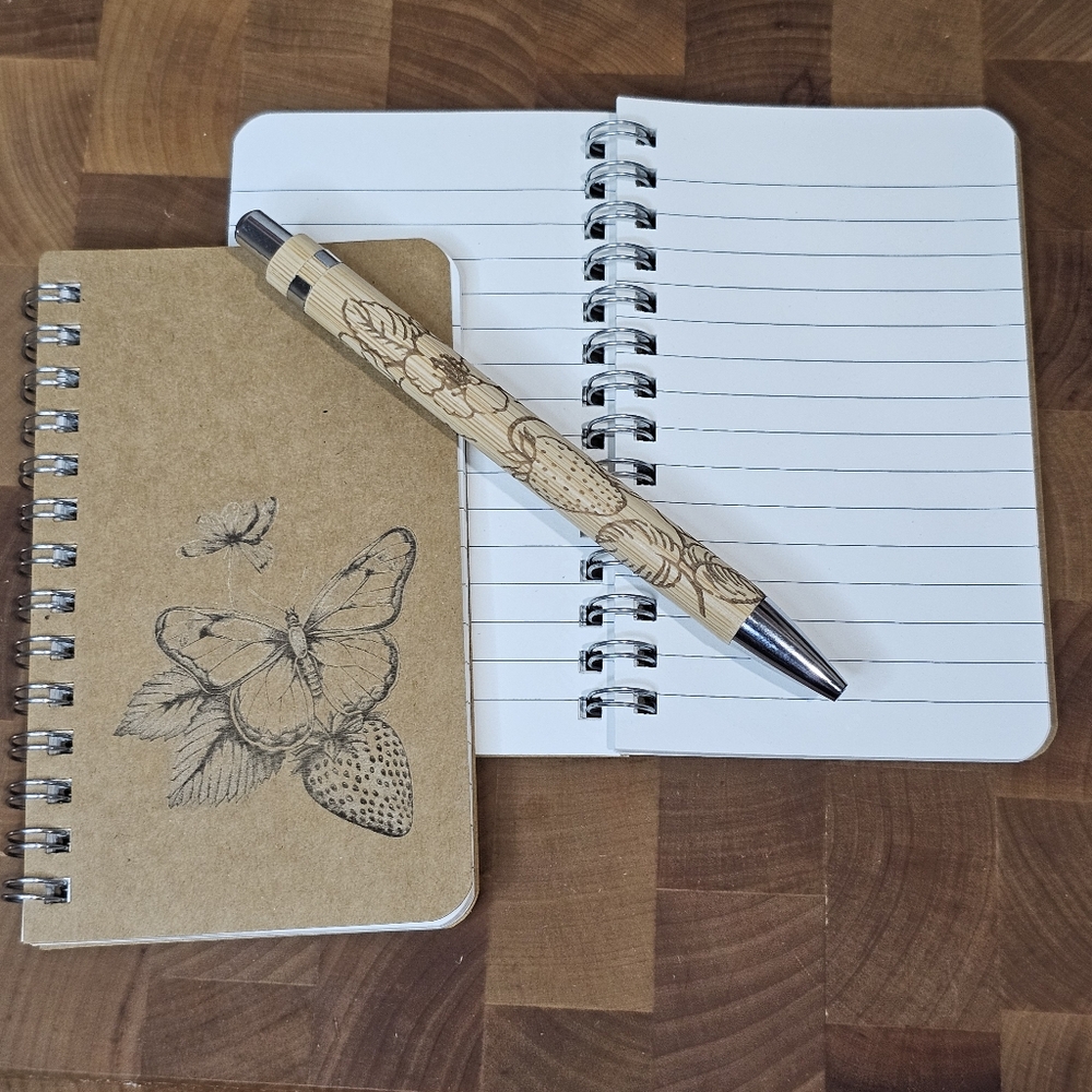 Artisan Kraft Notebook & Bamboo Pen Nature Lover Strawberry Butterfly Stationery